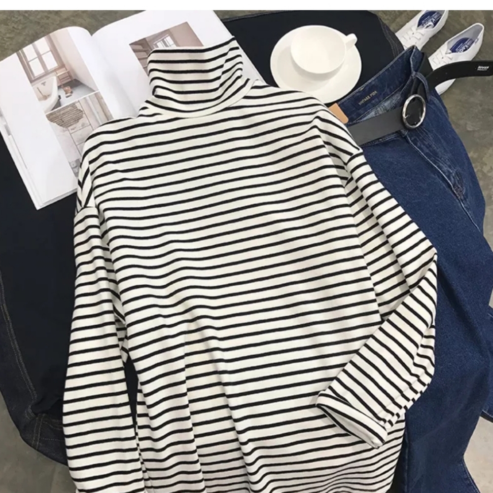 stripe turtleneck tee cotton and poli